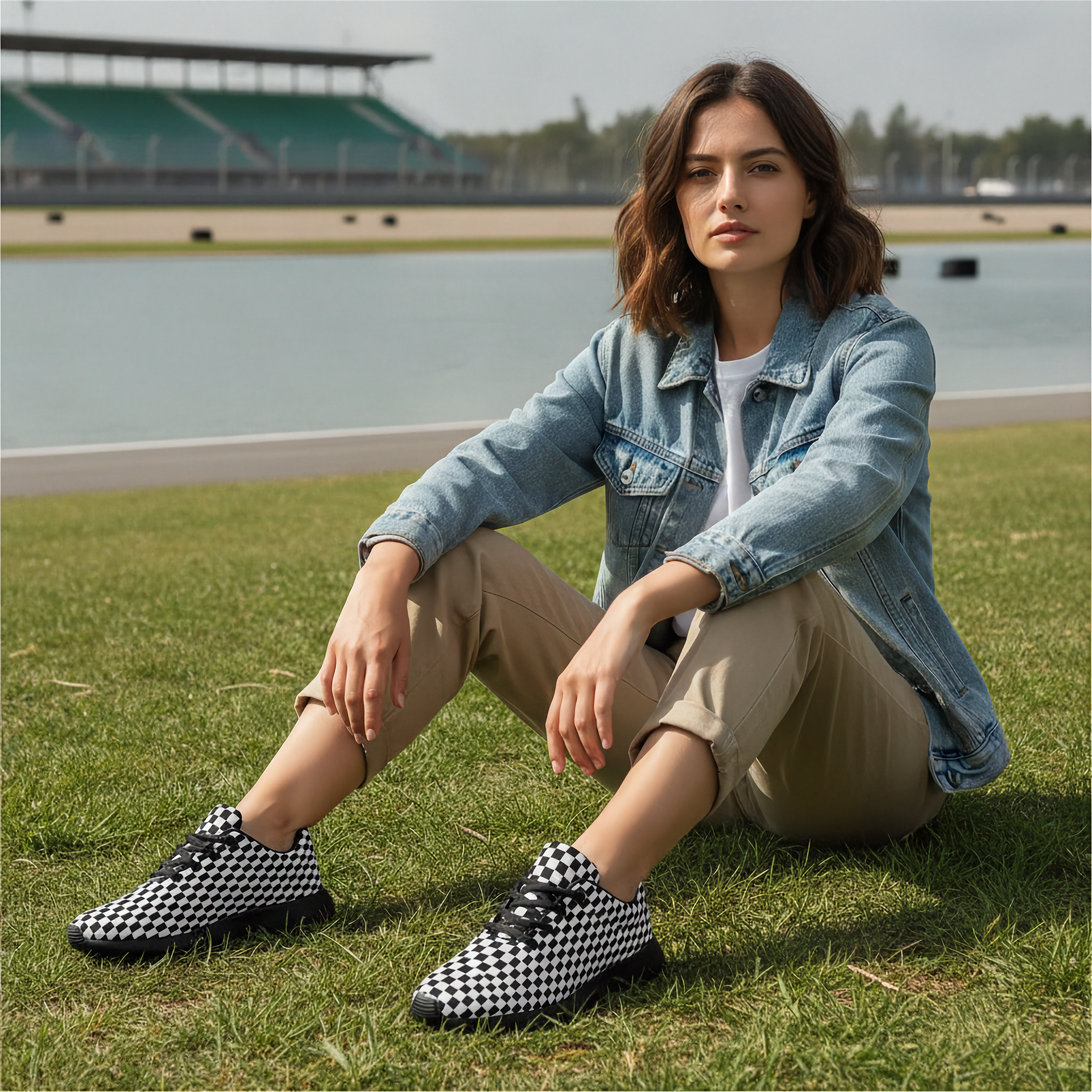 Woman sitting on grass wearing checkered shoes with a lake and stadium in the background