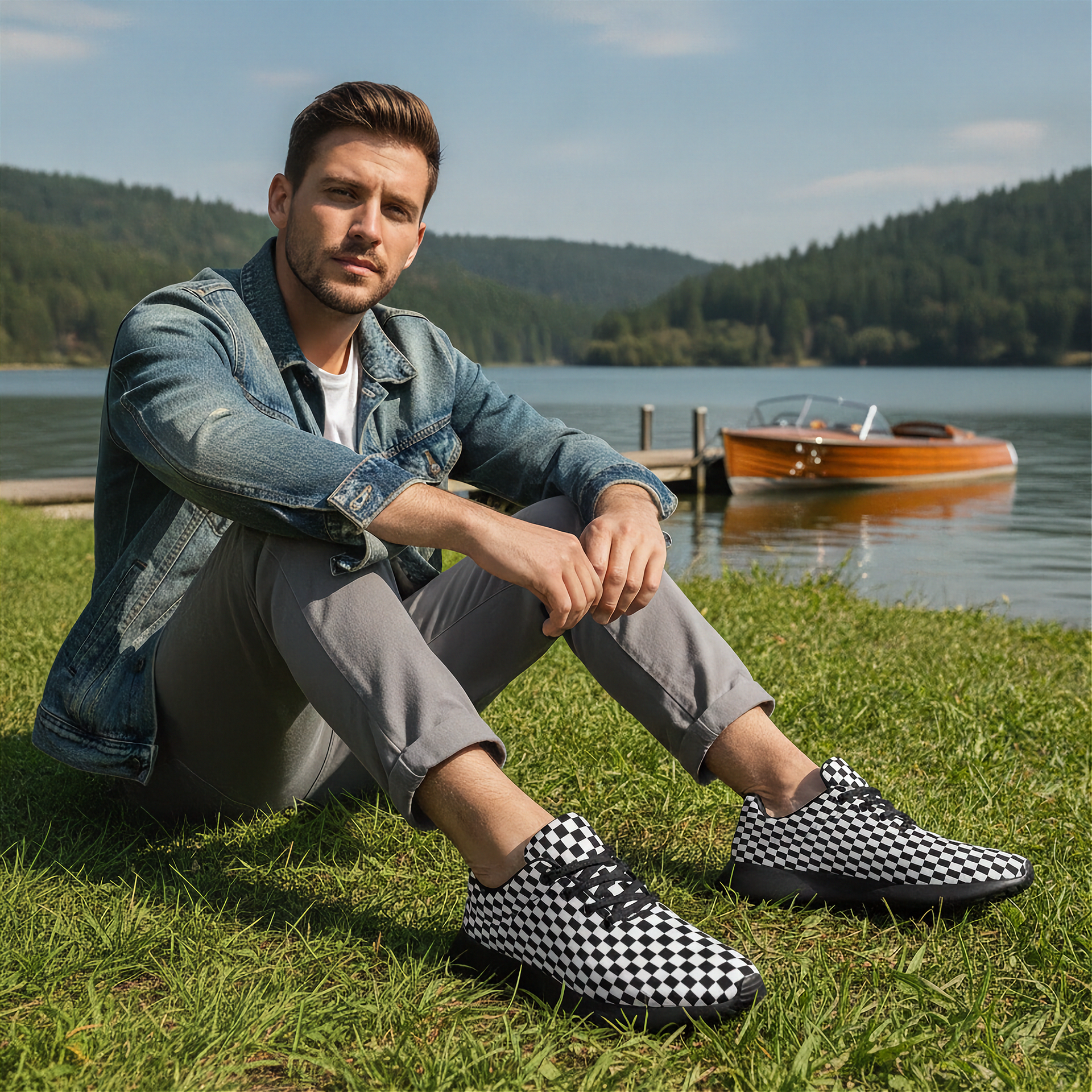Man sitting on grass by a lake wearing checkered shoes