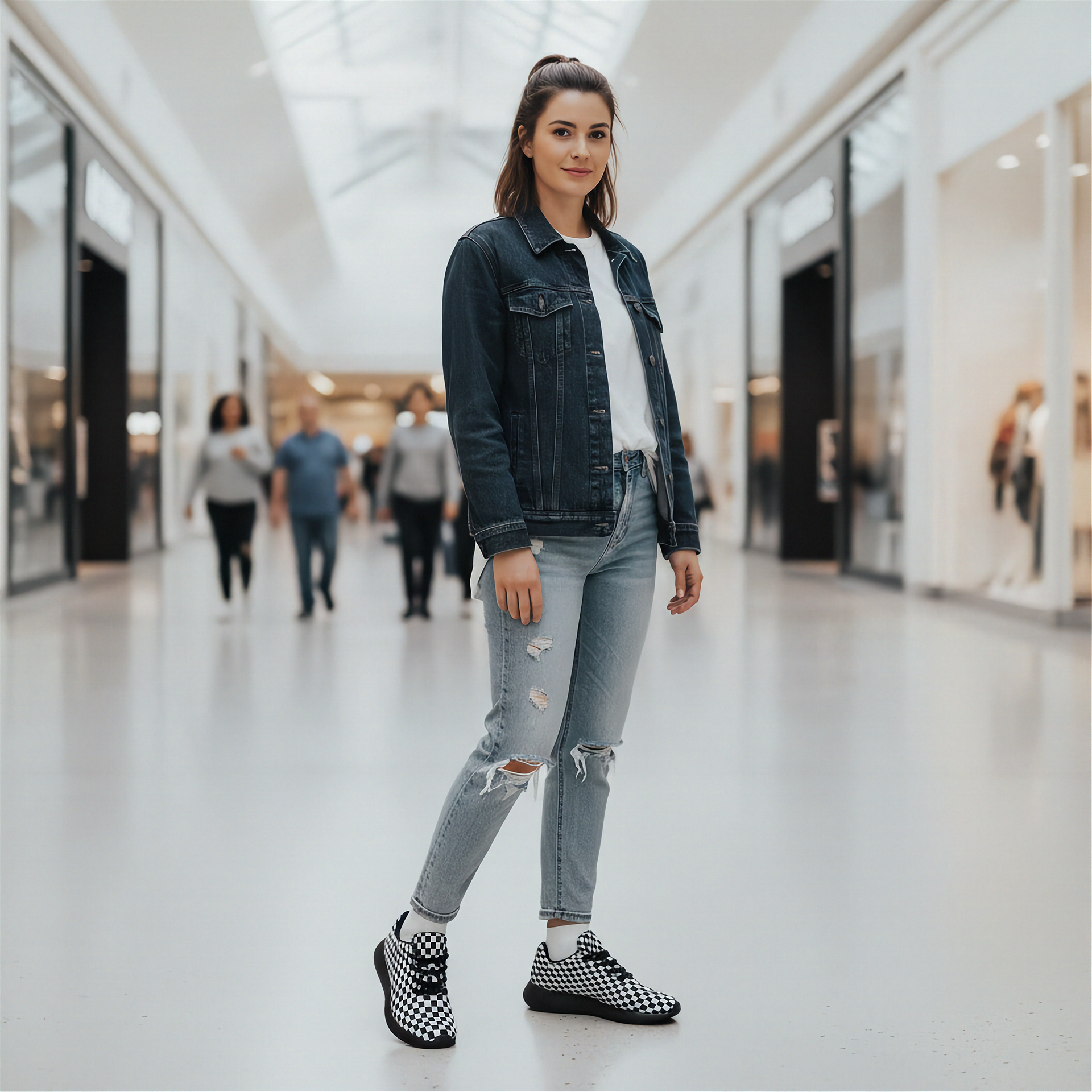 Woman in a denim jacket and ripped jeans and wearing a checkered sneakers standing in a shopping mall.