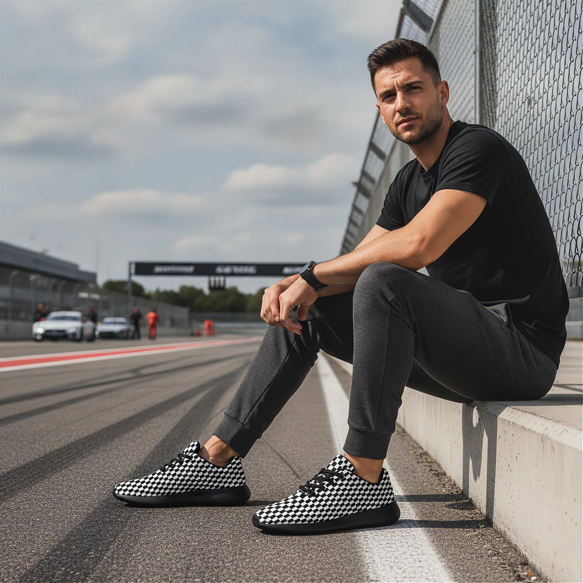 Man sitting on a race track wearing checkered shoes