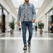 Man wearing a denim jacket, jeans, and checkered shoes in a mall setting