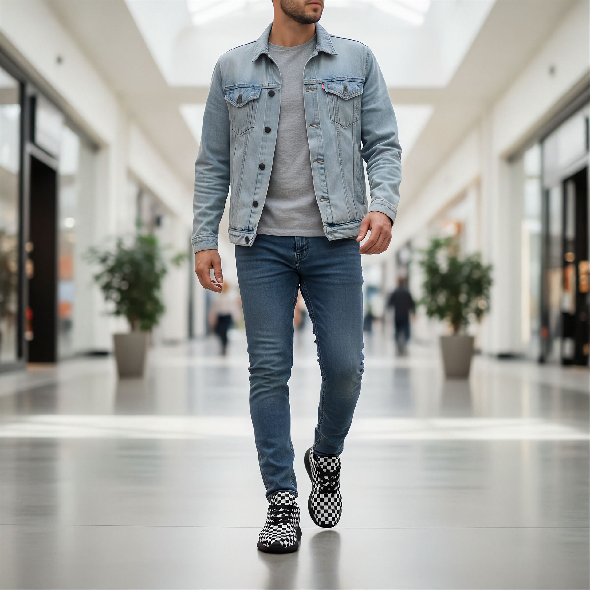 Man wearing a denim jacket, jeans, and checkered shoes in a mall setting