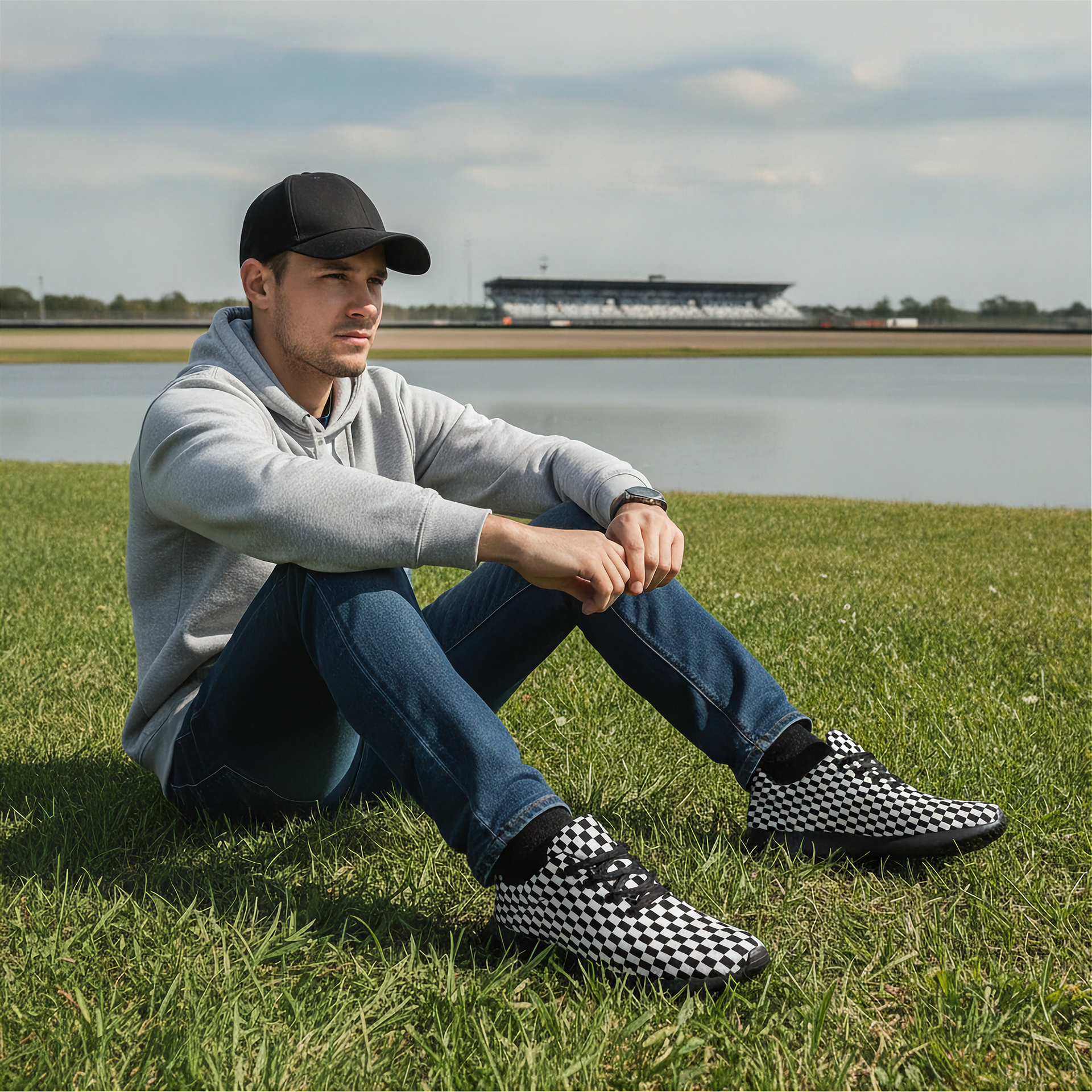 Man sitting on grass wearing checkered shoes with a lake and sky background
