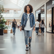 Woman walking in a shopping mall wearing a denim jacket and ripped jeans.