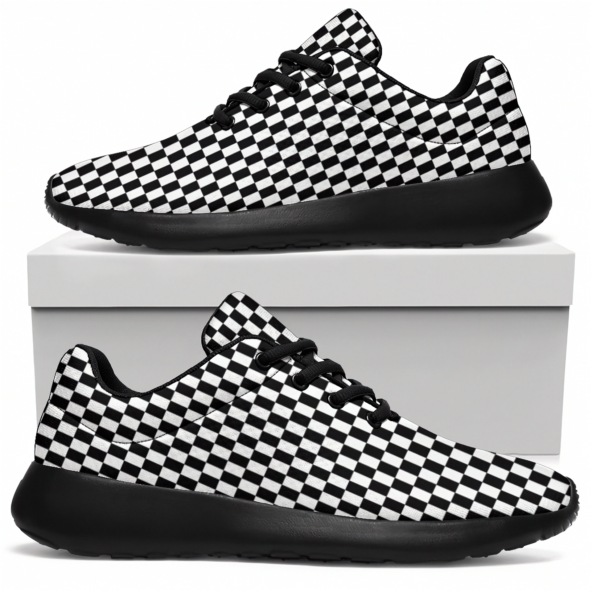 Black and white checkered sneakers on a white background