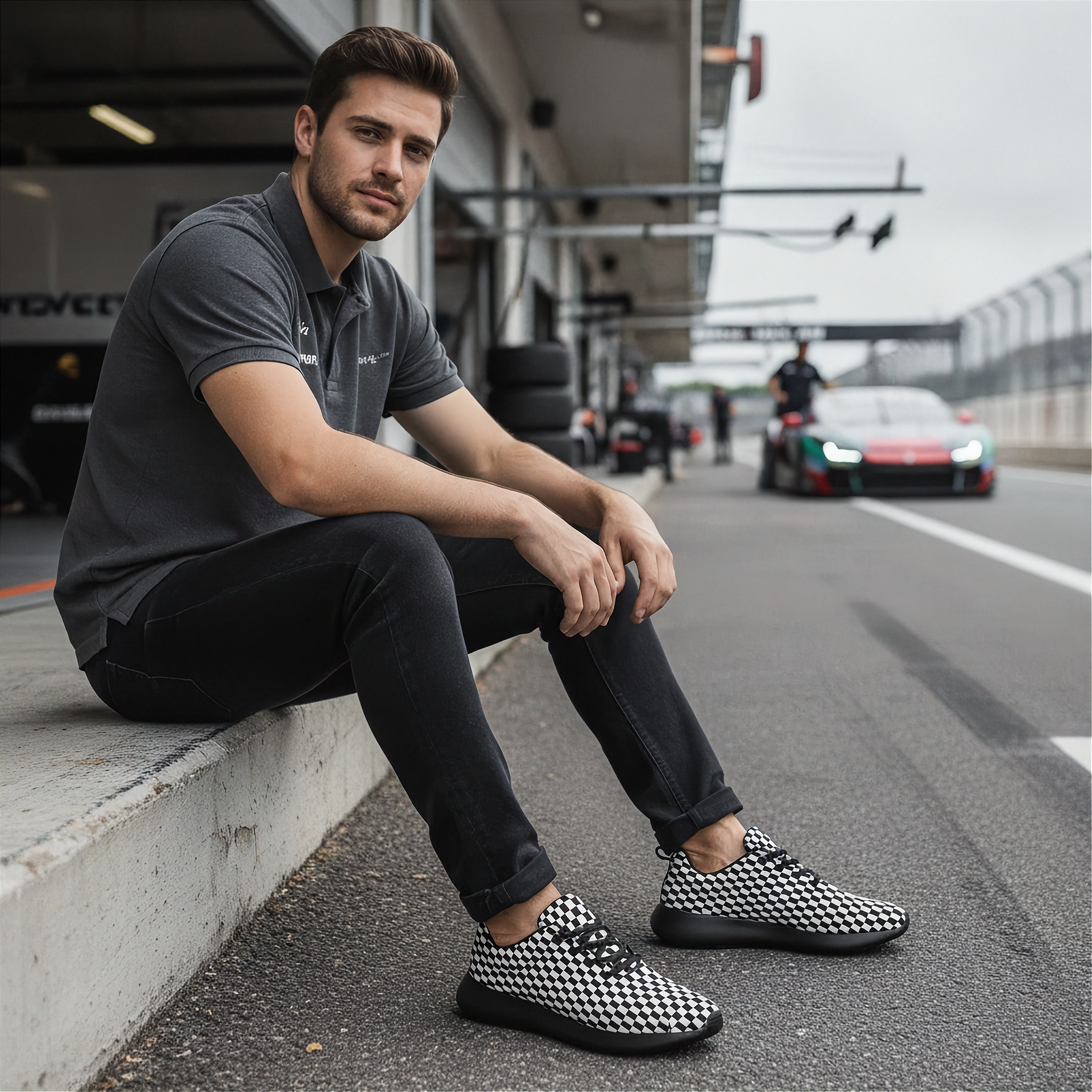 Man sitting on a race track wearing checkered shoes with a car in the background.