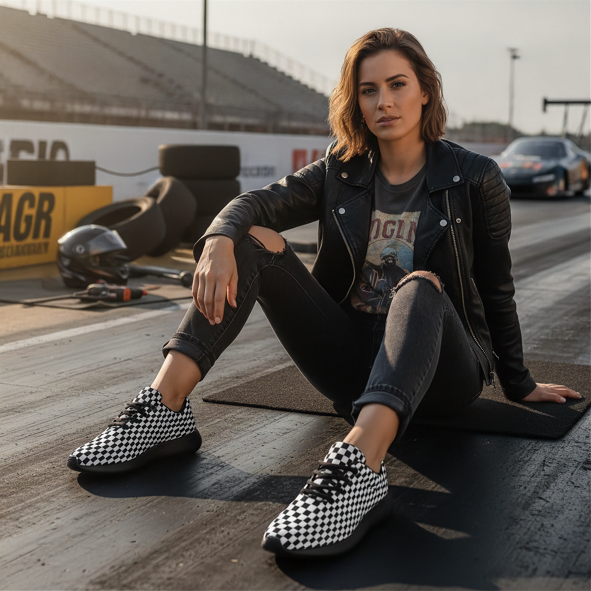 Woman sitting on a race track wearing checkered shoes