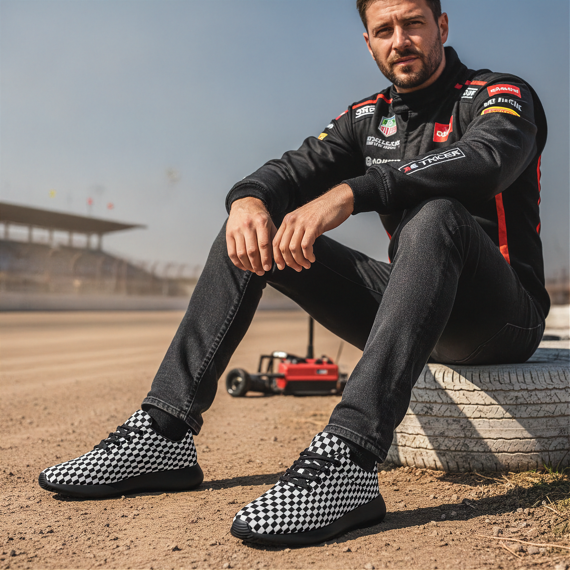 Man in racing suit and checkered shoes sitting on a tire with a race track in the background