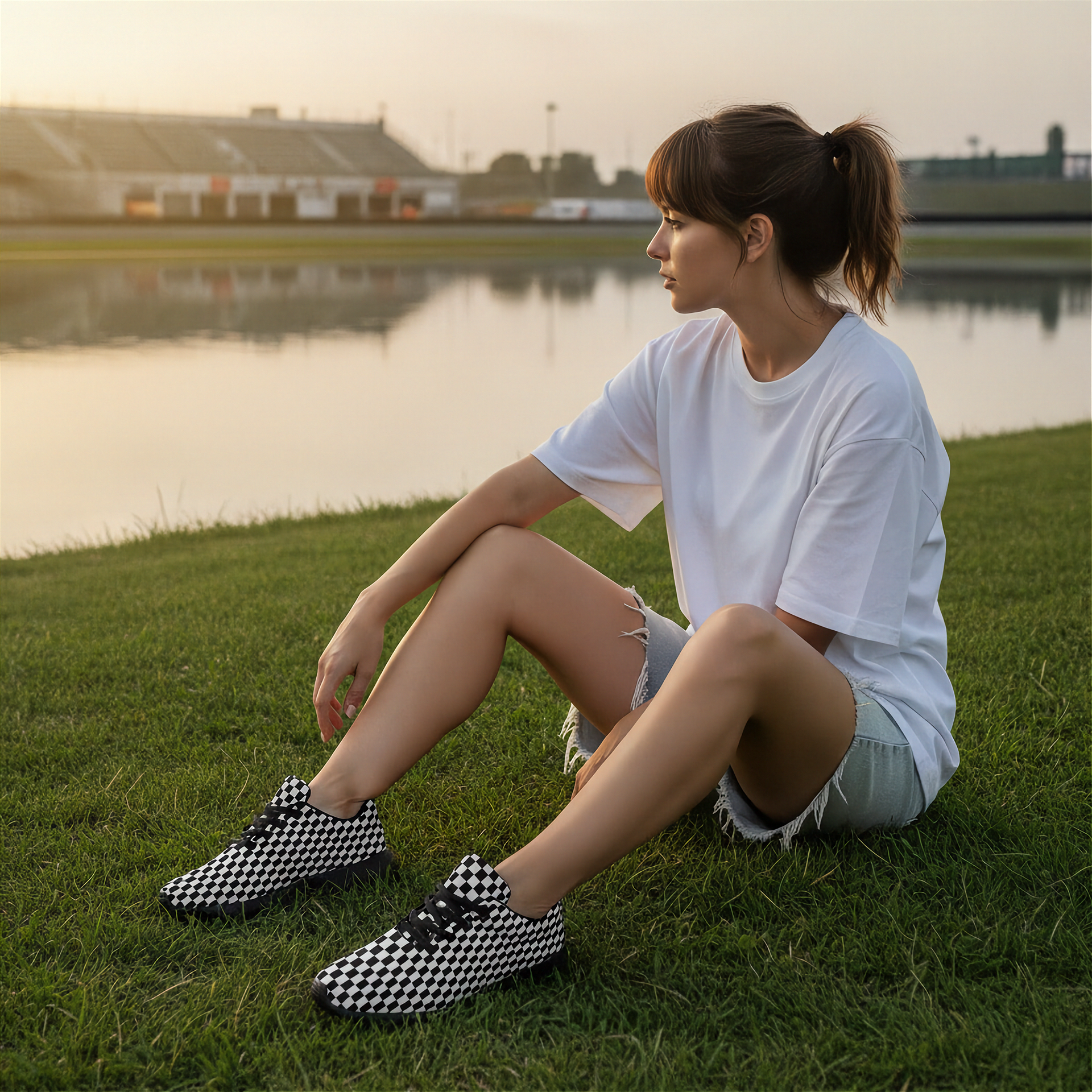 Woman sitting on grass wearing checkered shoes with a lake and stadium in the background