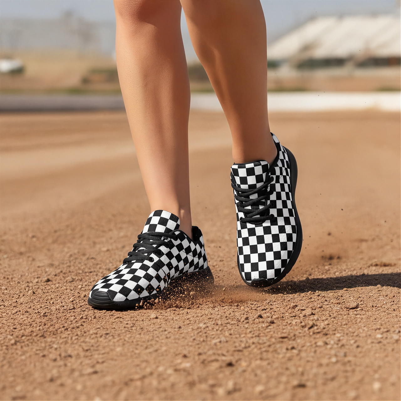 Woman wearing black and white checkered shoes on a dirt track