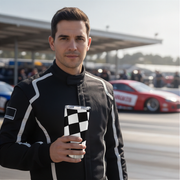 Man in racing suit holding a checkered flag cup at a race track.