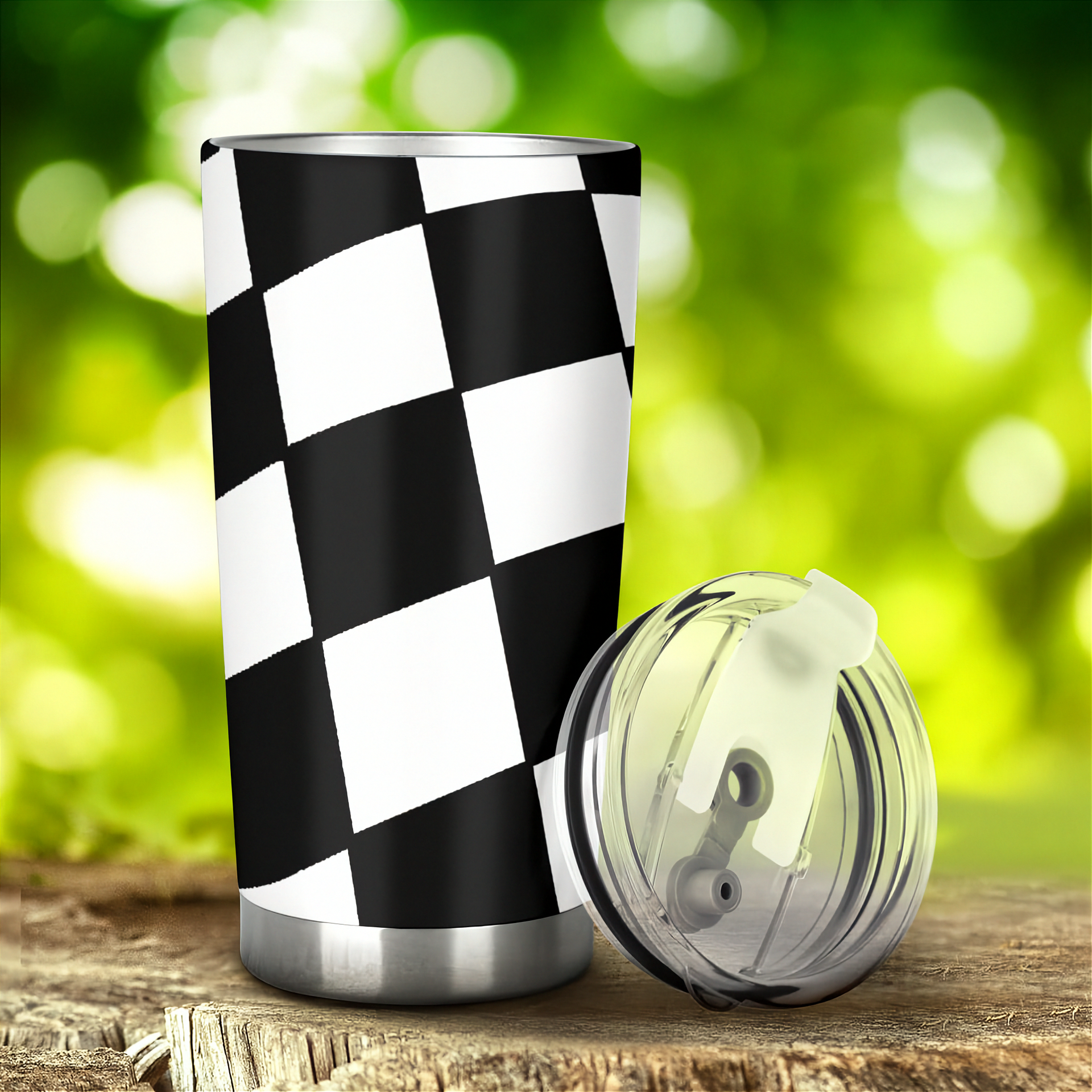 Checkered pattern tumbler with a clear lid on a wooden surface with a green blurred background