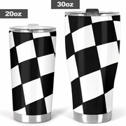 Two stainless steel tumblers with black and white checkered pattern, one 20oz and one 30oz, on a white background.