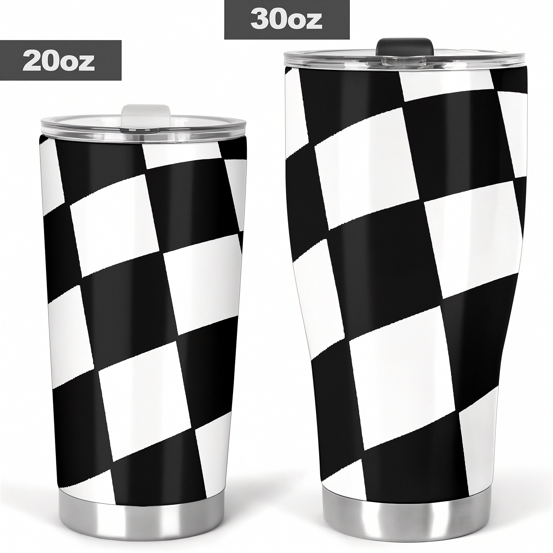 Two stainless steel tumblers with black and white checkered pattern, one 20oz and one 30oz, on a white background.