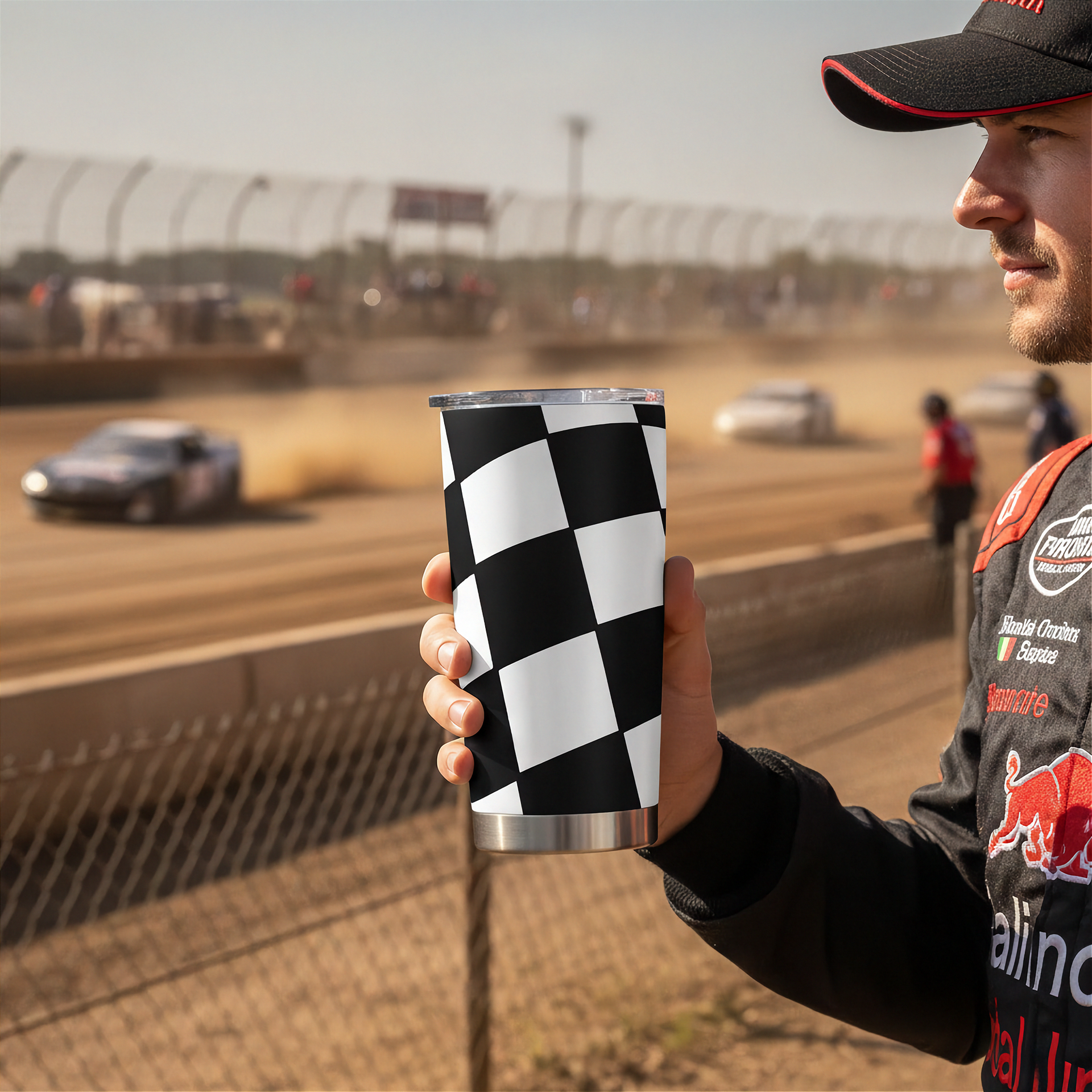 Man holding a checkered pattern tumbler with a race track in the background