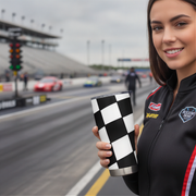 Woman holding a checkered pattern tumbler on a race track