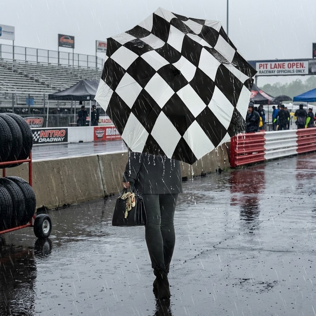 A person walking in the rain at a racetrack holding a large black-and-white checkered umbrella. The racetrack, wet pavement, tires, and trackside barriers are visible in the background.