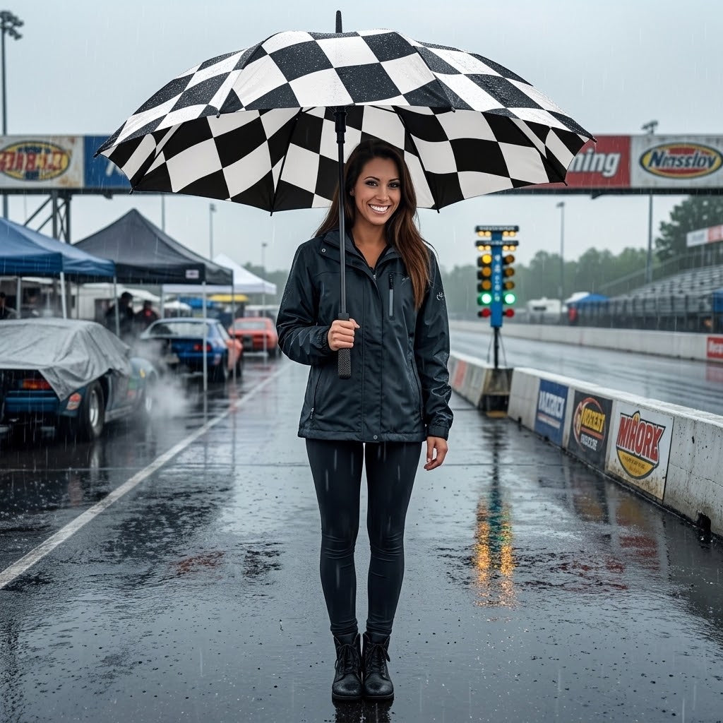 A woman stands on a wet racetrack holding a large black-and-white checkered umbrella. She wears a dark rain jacket, dark leggings, and black boots.