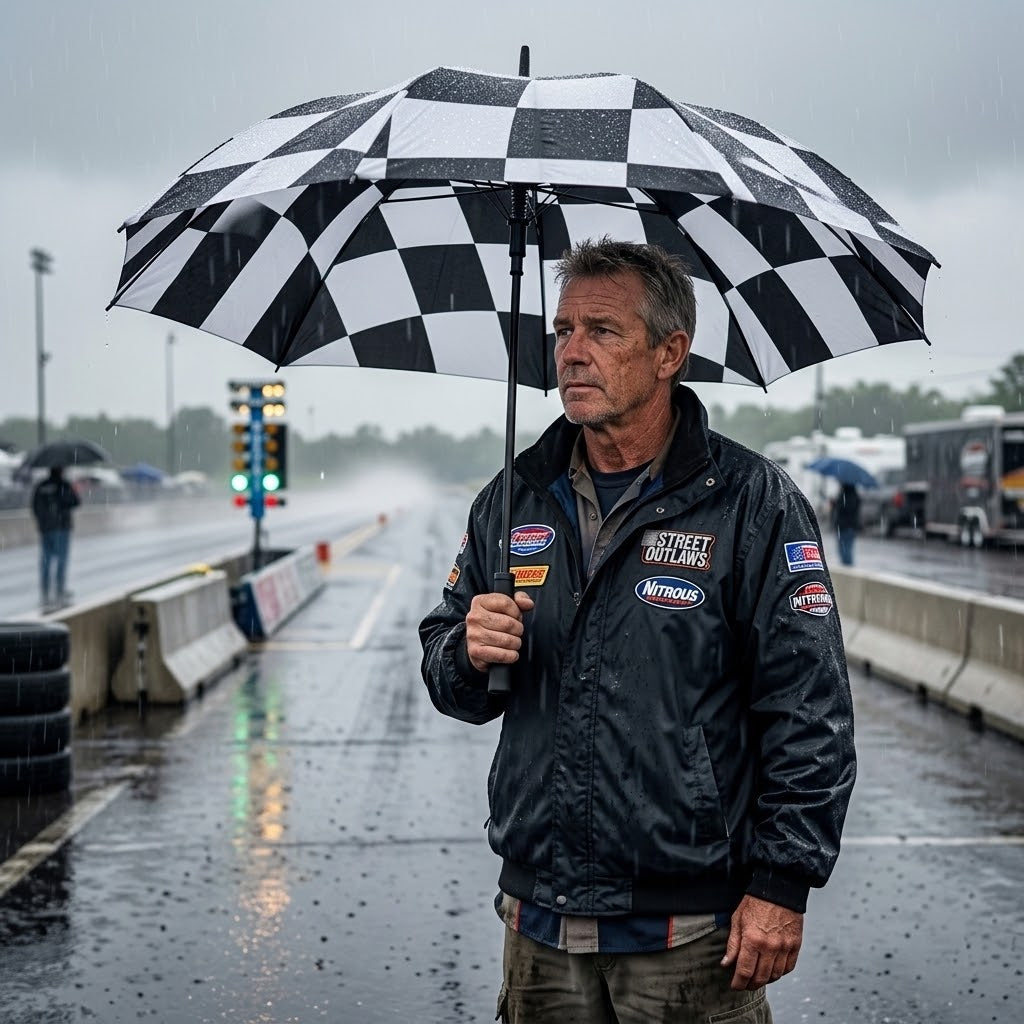 A man standing in the rain on a racetrack holding a black and white checkered umbrella. He is wearing a black racing jacket with patches including 'Street O'Wns' and 'Martindal'.