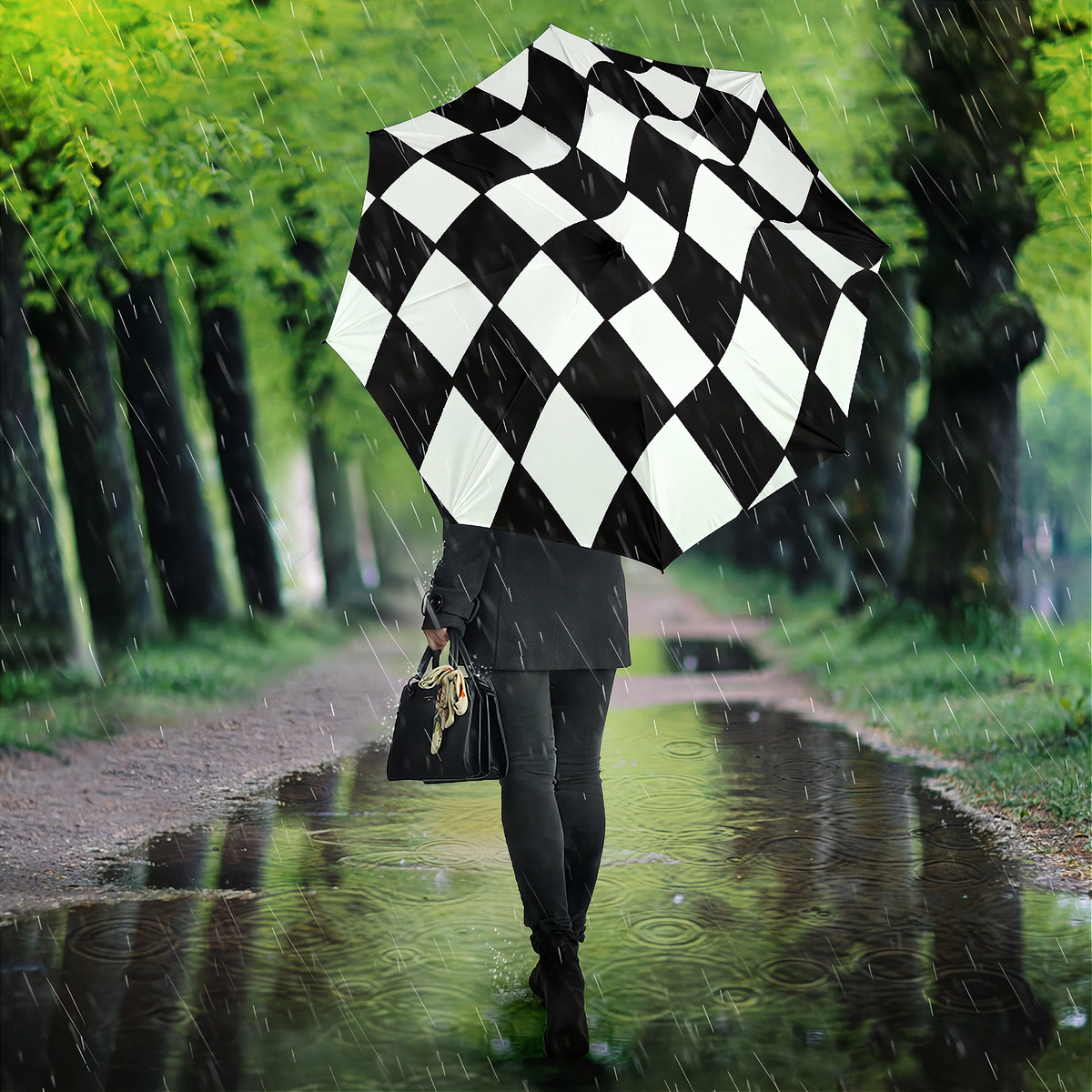 A person walking in the rain along a tree-lined path, holding a large umbrella with a bold black and white checkered pattern. The person is dressed in dark clothing and carries a black handbag.