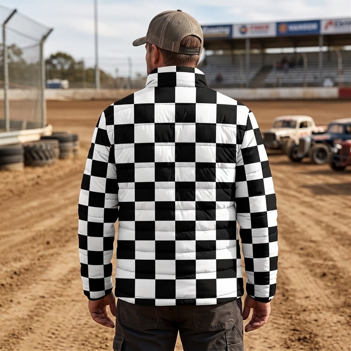 A man viewed from behind wearing a black and white checkered Padded jacket, a brown baseball cap, and dark cargo pants, standing on a dirt racetrack with race cars and grandstands in the background.