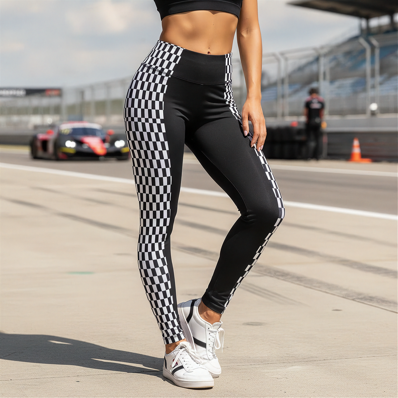A person standing on a racetrack wearing black leggings with a black-and-white checkered side panel and white sneakers. A blurred race car and track barriers are visible in the background.