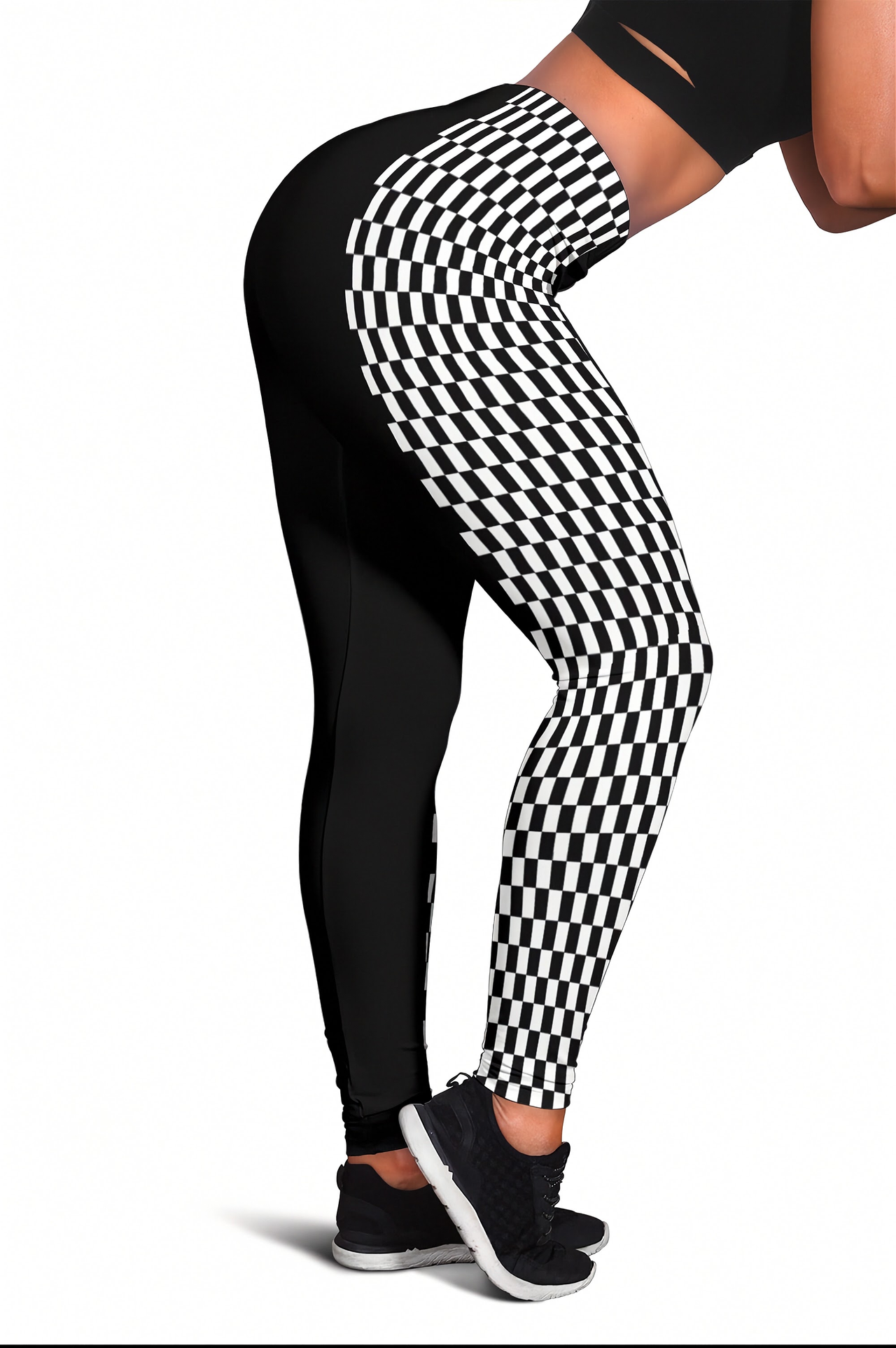 Black and white checkered patterned leggings worn by a model, shown from a side-rear angle against a plain white background.