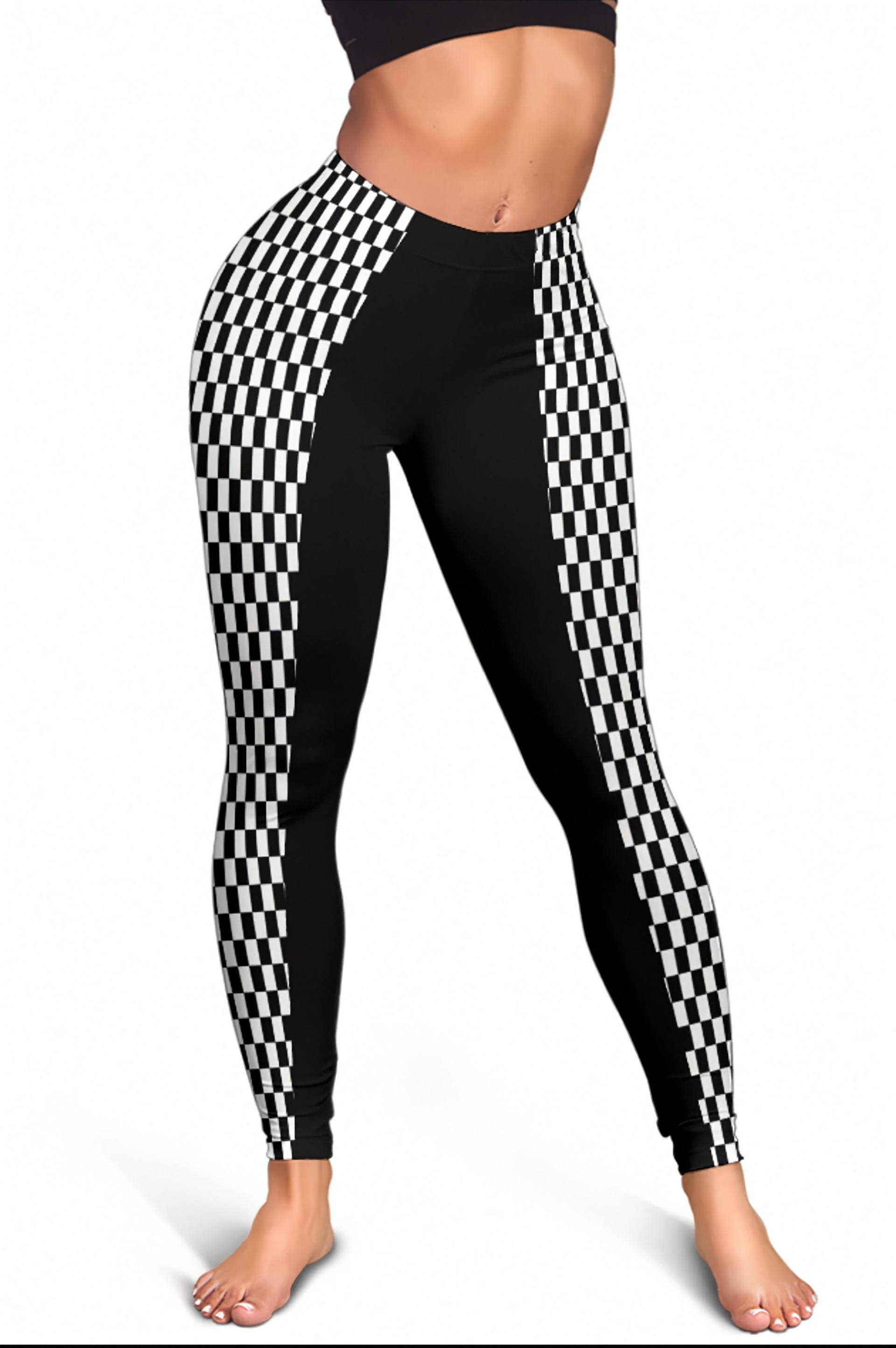 Black and white checkered patterned leggings worn by a model, shown from the waist down on a white background.