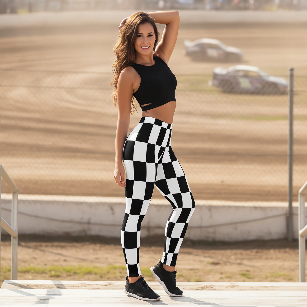 A woman stands on a track wearing black and white checkered high-waisted leggings, a black crop top, and black sneakers, with a blurred dirt track and race cars in the background.