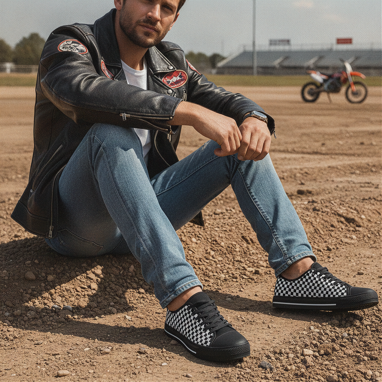 Man sitting on a dirt ground wearing a leather jacket, jeans, and checkered shoes with a motorcycle in the background.