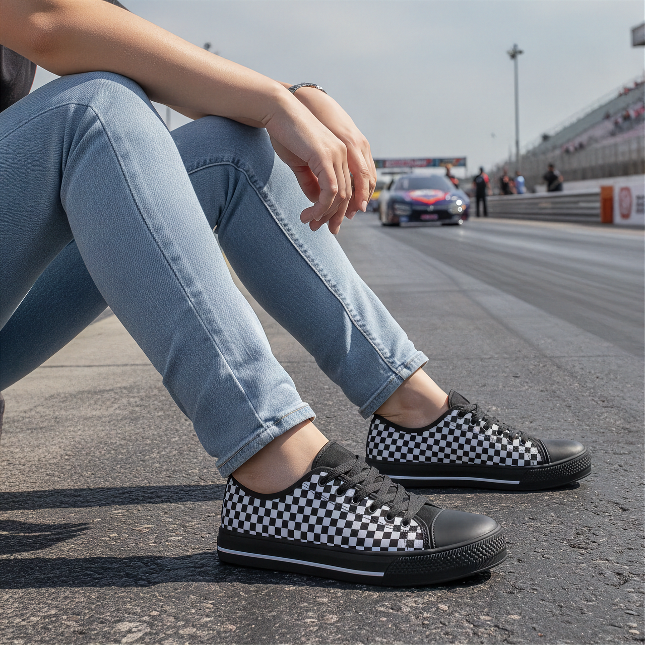 Person wearing checkered low top shoes sitting on a race track with cars in the background