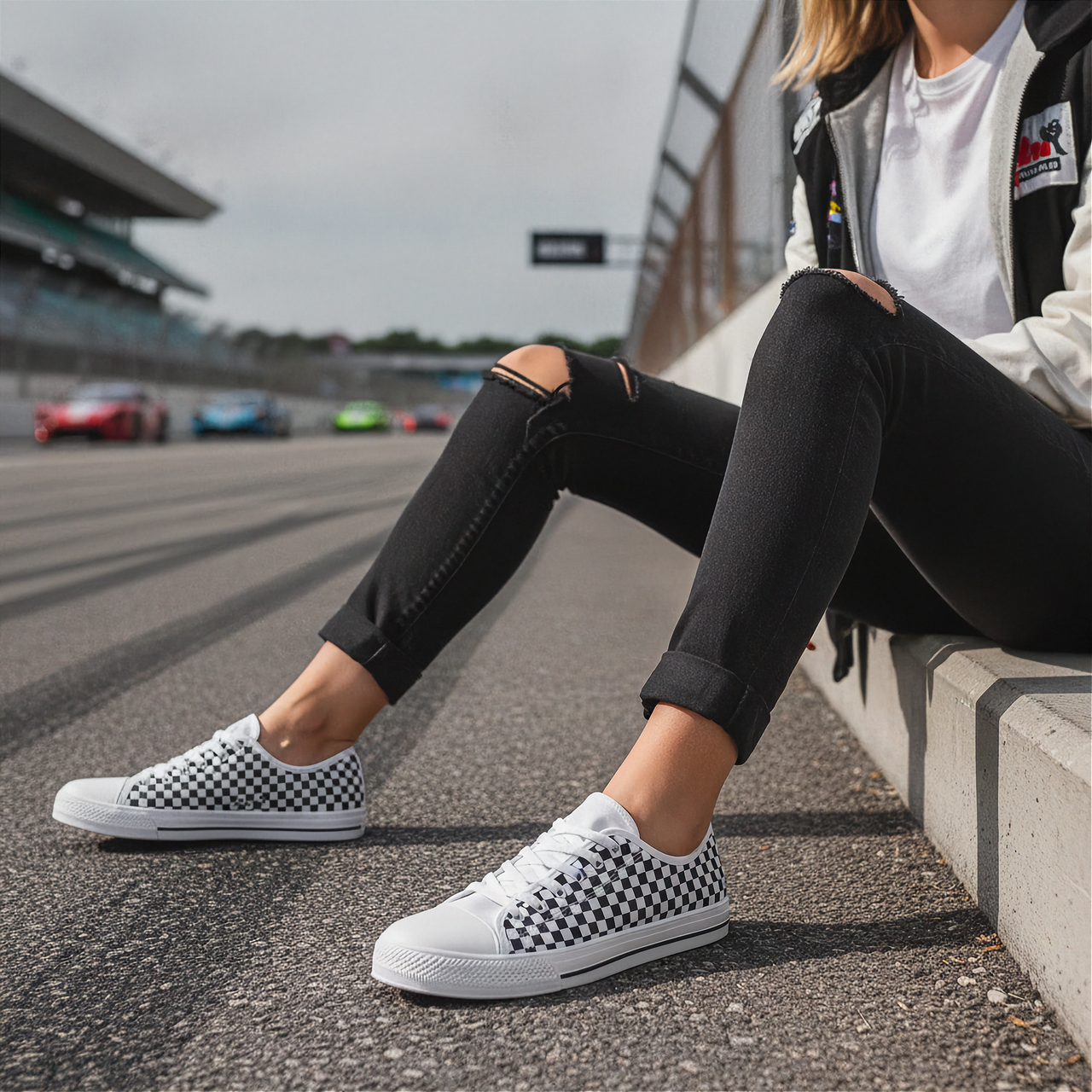 Person sitting on a race track wearing checkered shoes