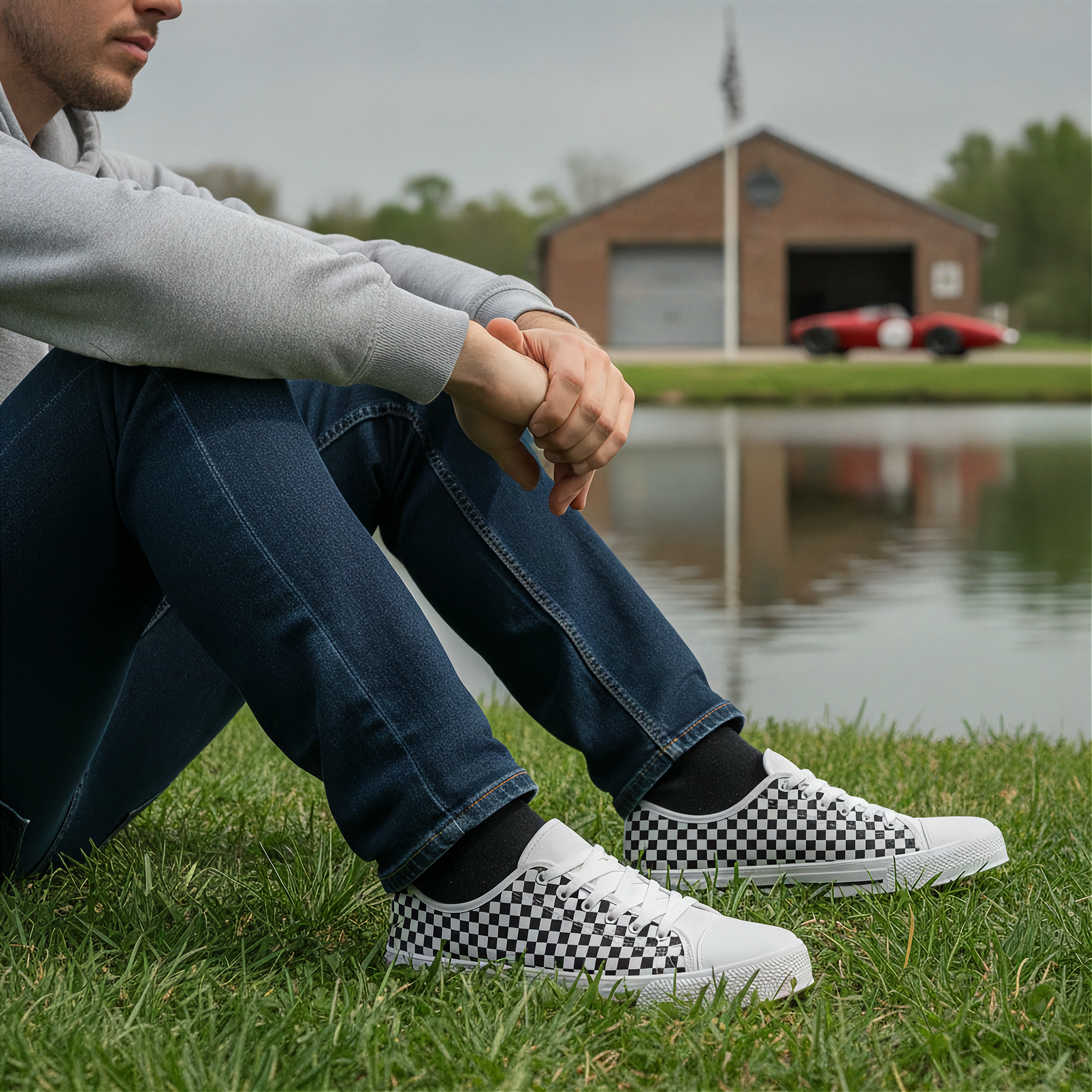 Man sitting on grass wearing checkered shoes with a lake and building in the background