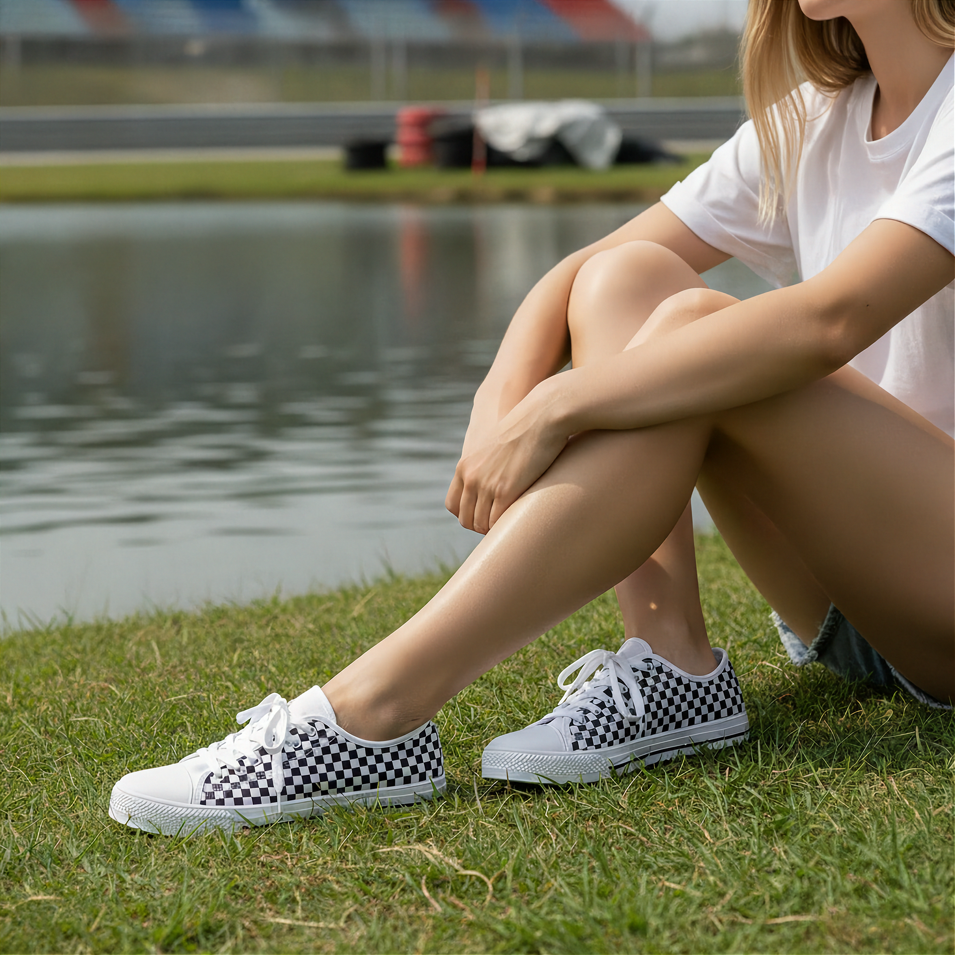 Woman wearing checkered shoes sitting by a lake