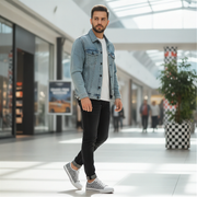 Man in a denim jacket and black pants and checkered shoes standing in a modern indoor setting