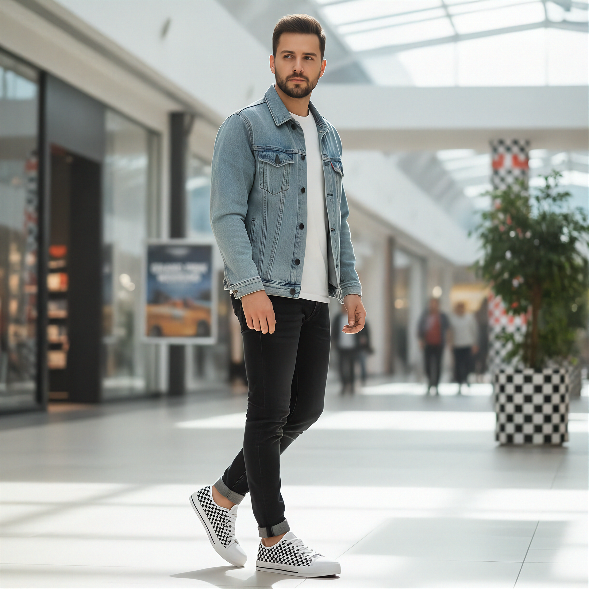 Man in a denim jacket and black pants and checkered shoes standing in a modern indoor setting