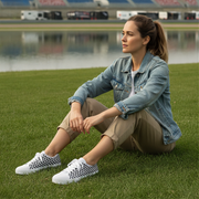 Woman sitting on grass wearing a denim jacket and checkered shoes with a stadium in the background