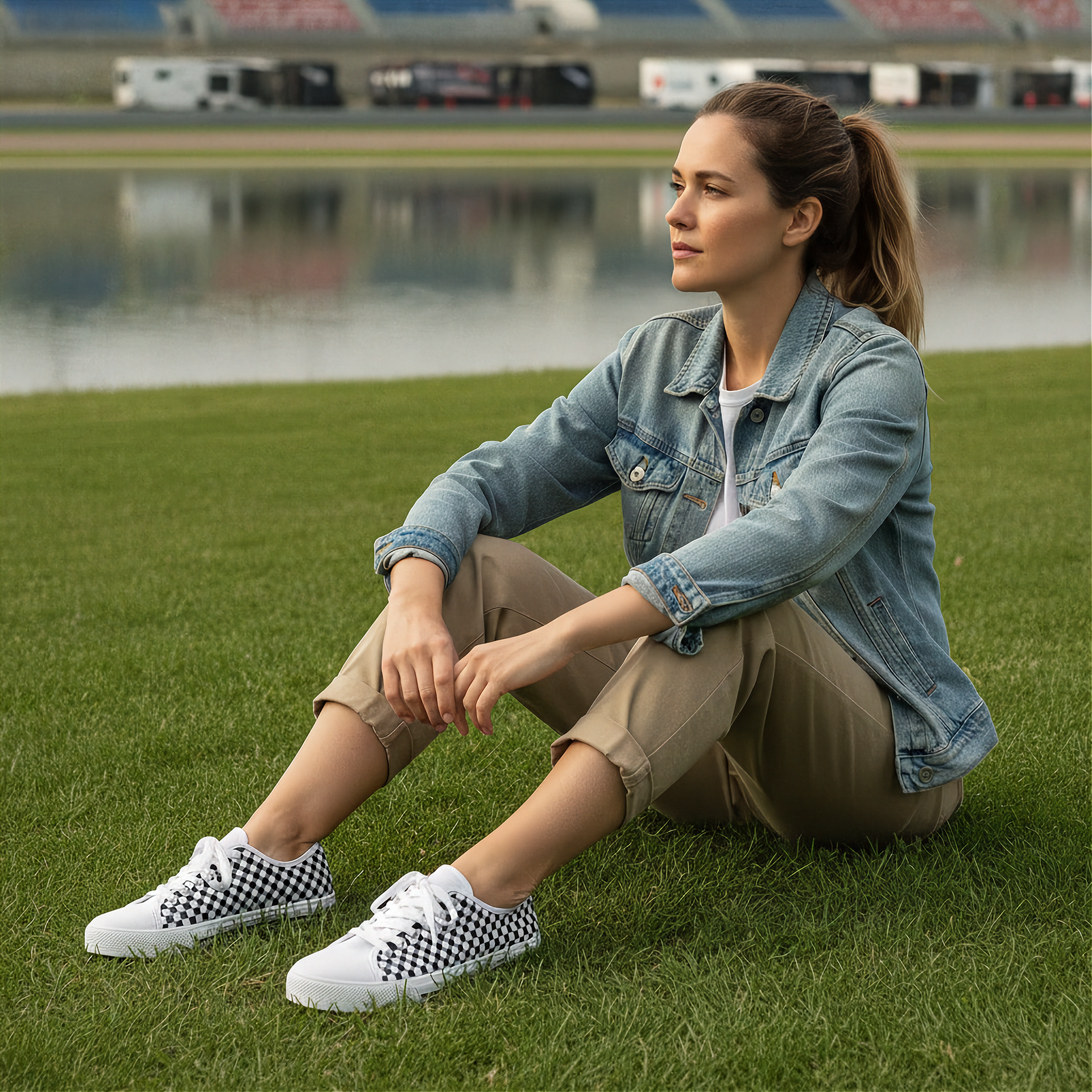 Woman sitting on grass wearing a denim jacket and checkered shoes with a stadium in the background