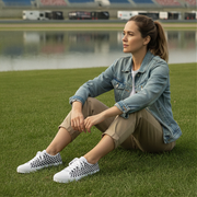 Woman sitting on grass wearing a denim jacket and checkered shoes, with a blurred stadium background.