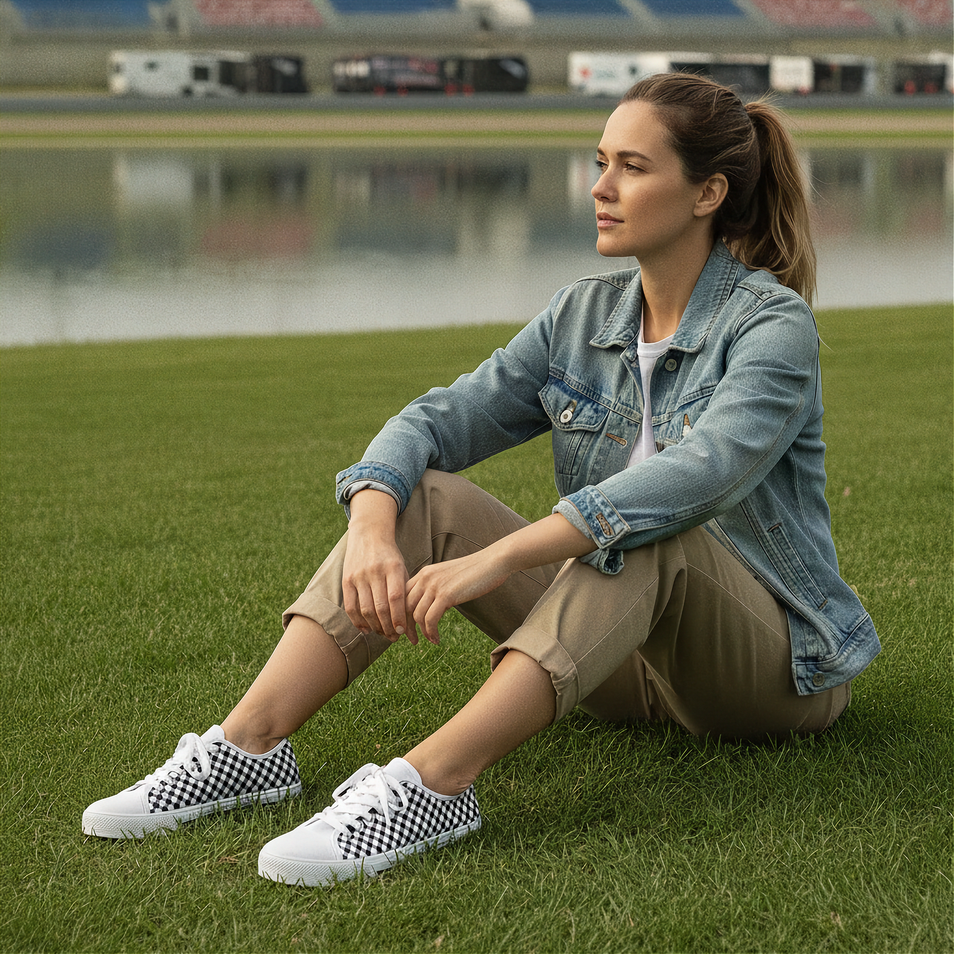 Woman sitting on grass wearing a denim jacket and checkered shoes, with a blurred stadium background.