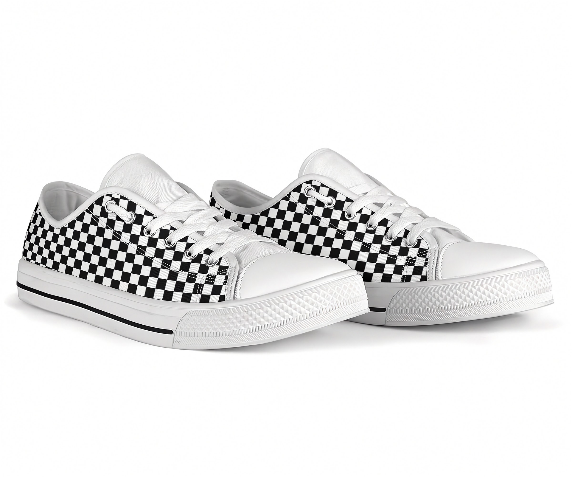 Pair of white sneakers with black and white checkered pattern on a white background
