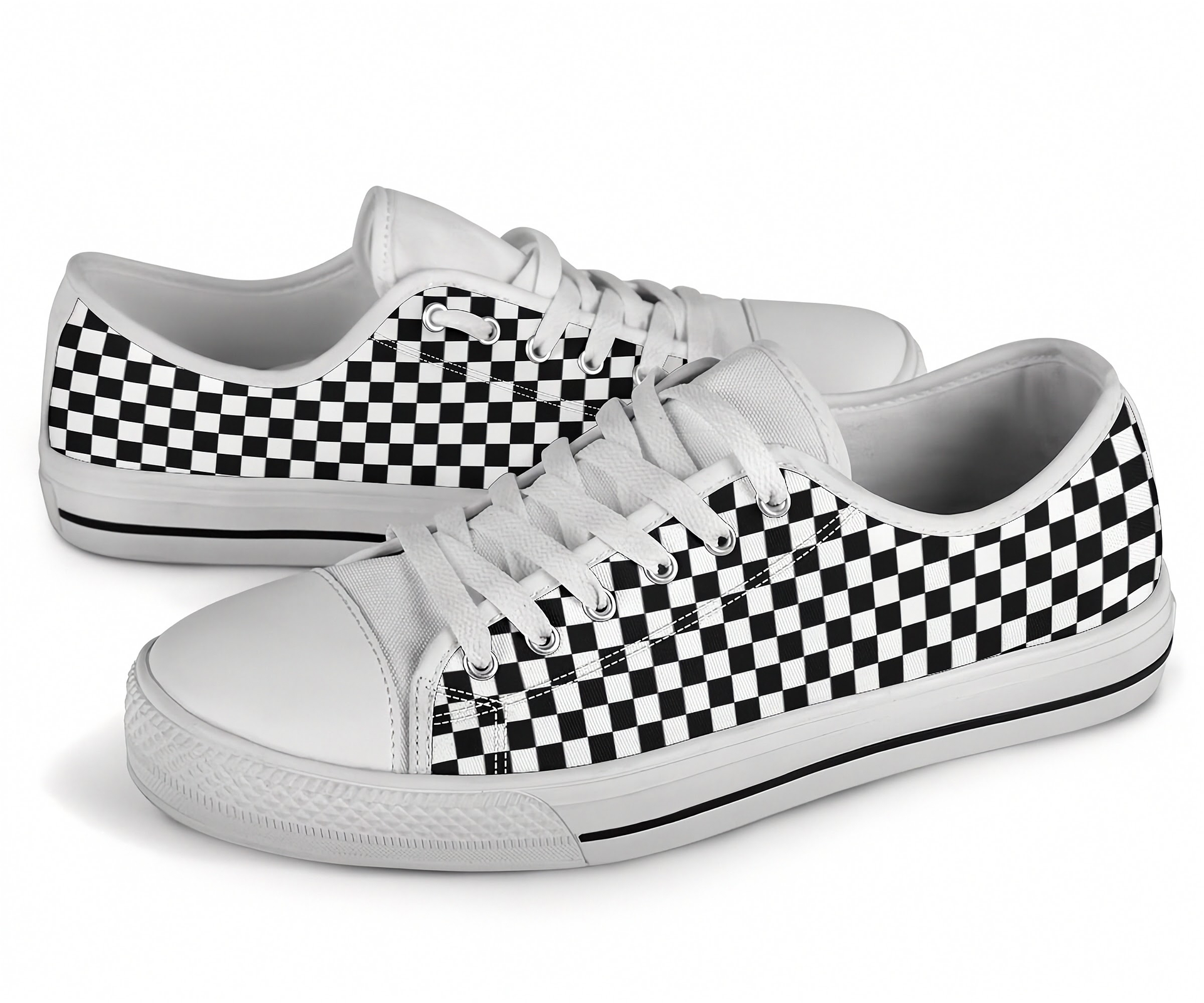 White low top shoes with black and white checkered pattern on a white background