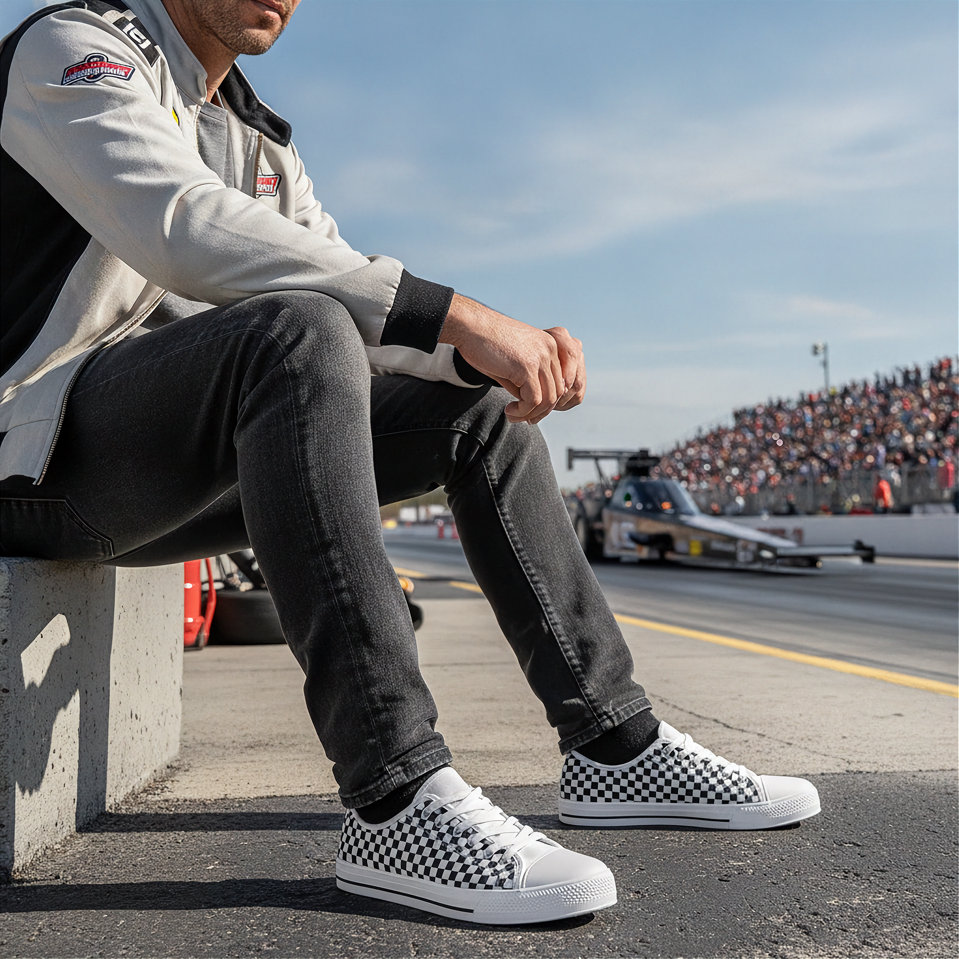 Person sitting on a track wearing checkered shoes with a race track and cars in the background.