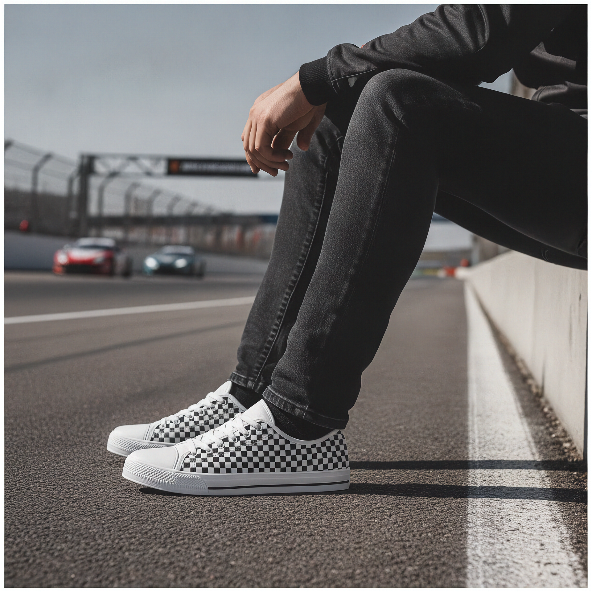 Person wearing checkered sneakers sitting on a race track with cars in the background