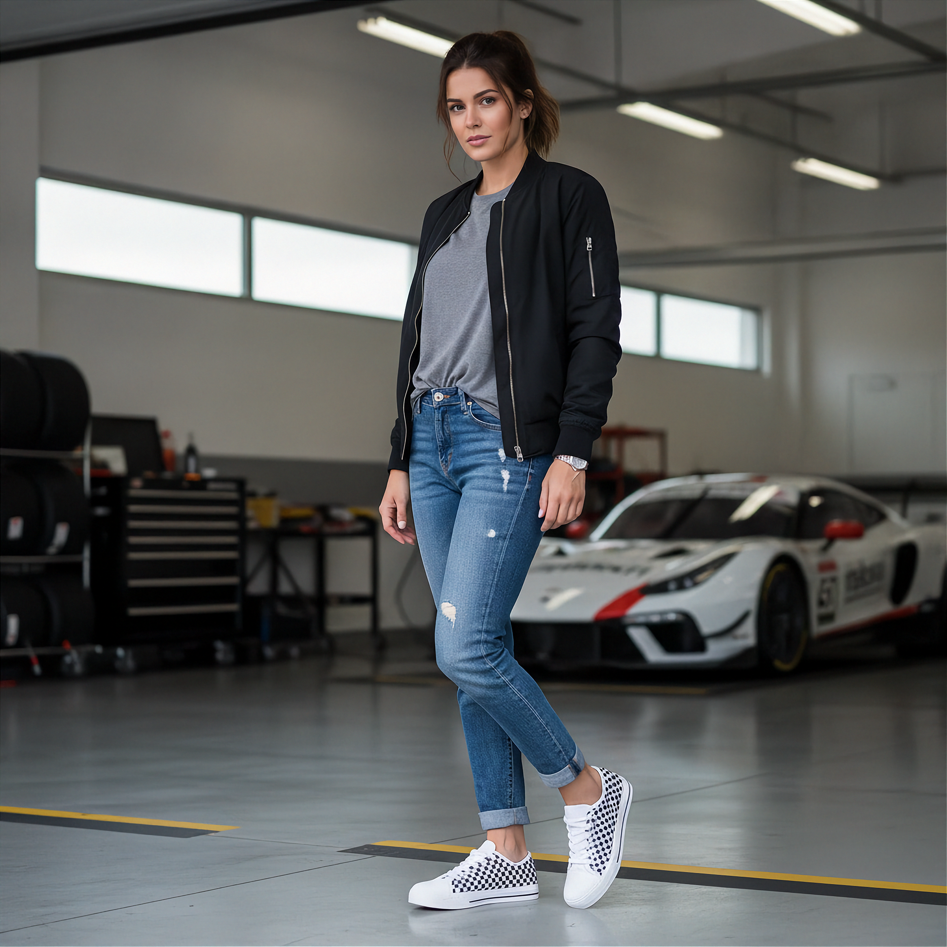 Woman standing in a garage with a sports car in the background