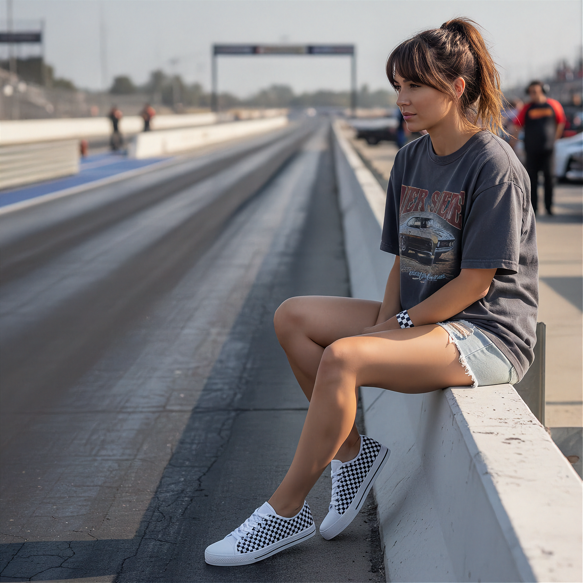 Woman sitting on a race track wearing a graphic t-shirt and checkered shoes.