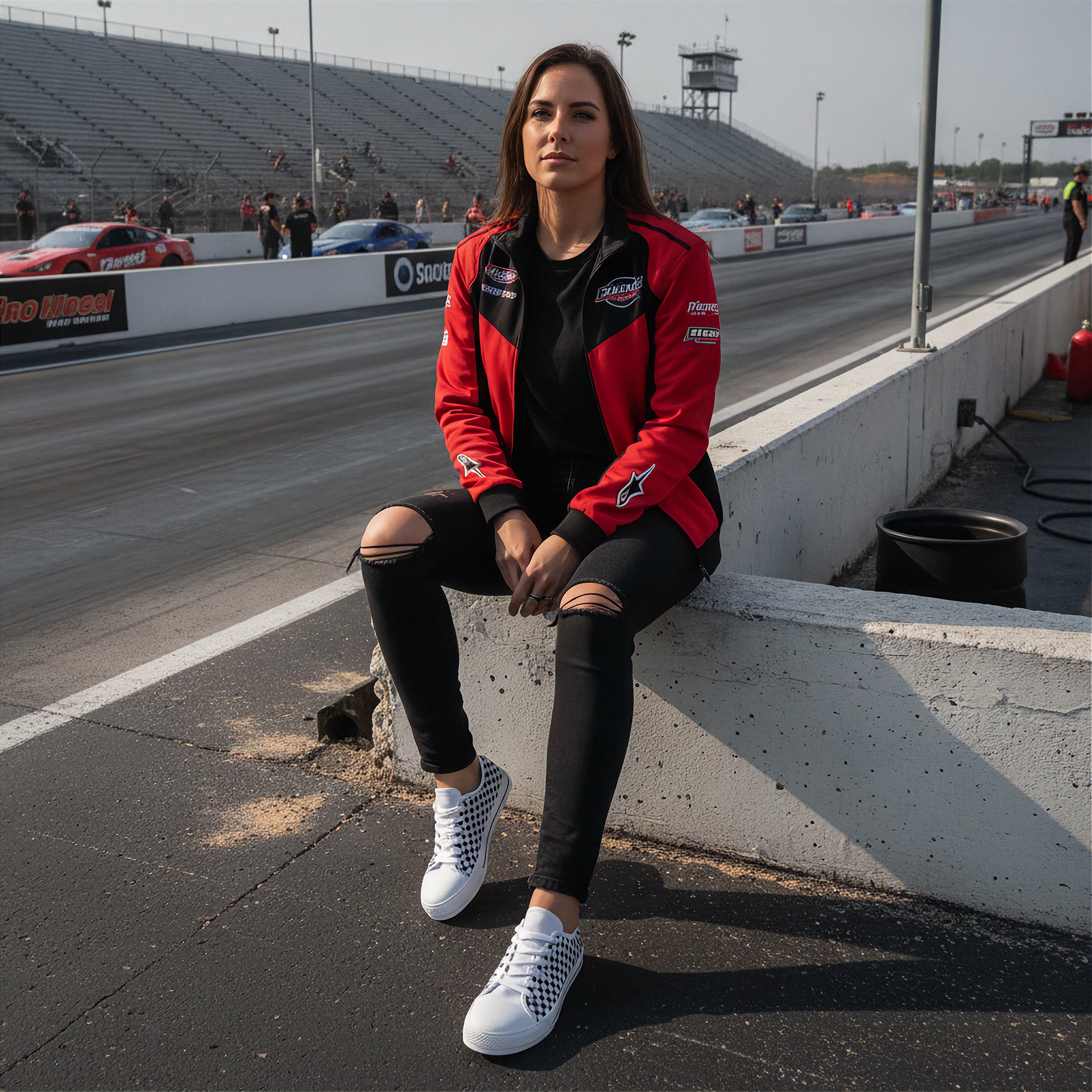 Woman in racing jacket and checkered low top shoes sitting on a track