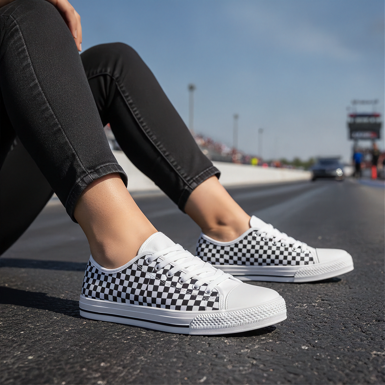 Person wearing checkered low top shoes sitting on a road with a blurred background