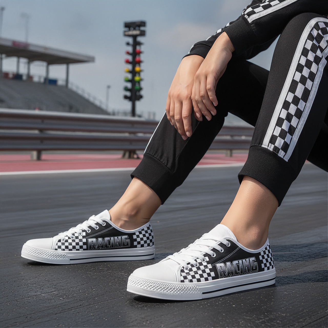 Person wearing black and white checkered sneakers with 'RACING' text on a racetrack.