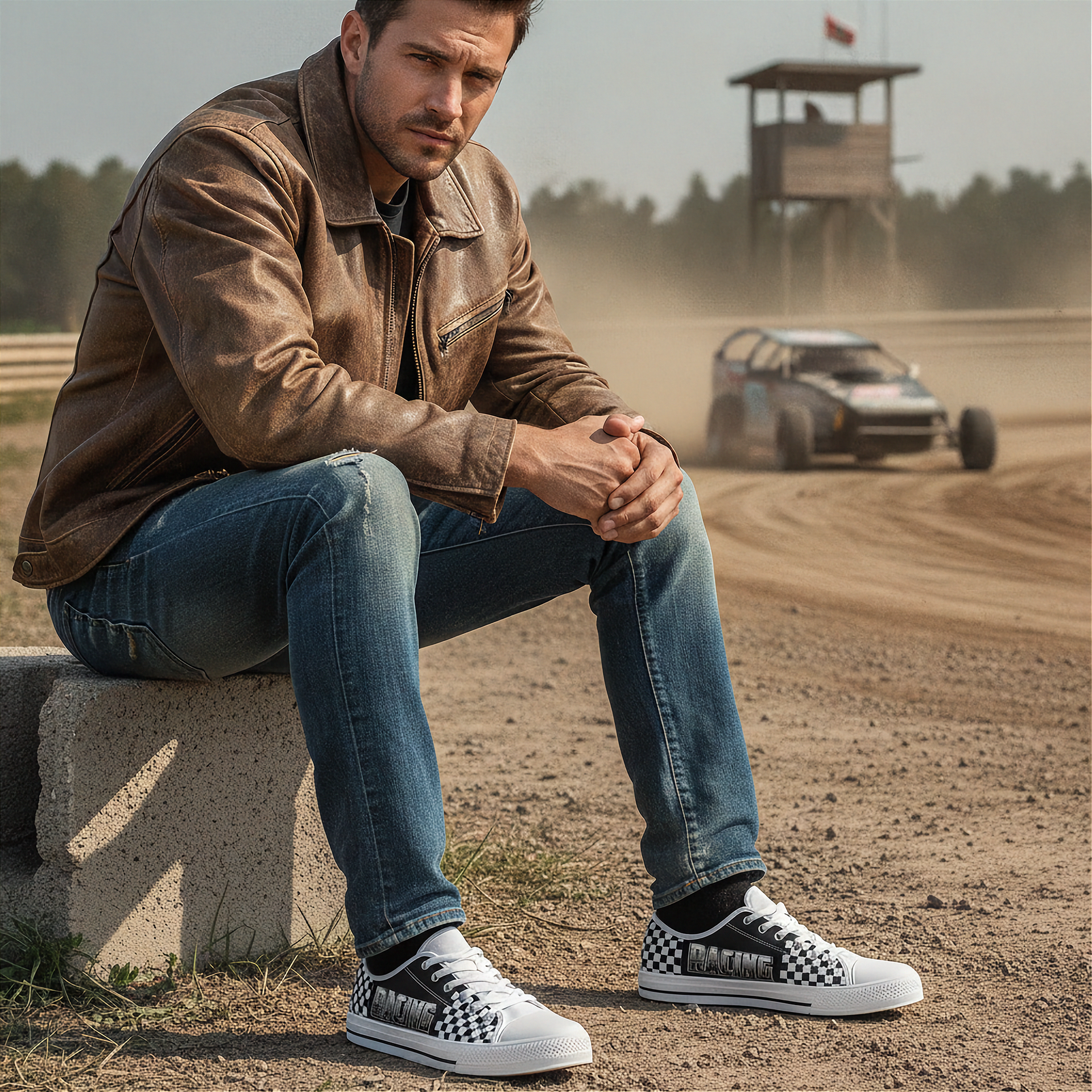 Man wearing white checkered low top shoes sitting on a block in a dirt track with racing cars in the background